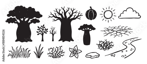 Collection of hand-drawn black silhouette illustrations of African savanna elements like baobab trees, shrubs, sun, and cracked earth in a simple doodle style for nature design