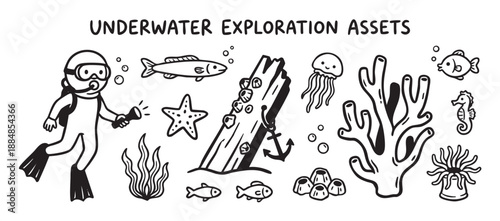 Black and white doodle set of underwater exploration elements including a scuba diver, fish, coral, jellyfish, starfish, and seahorse in a simple hand-drawn line art style