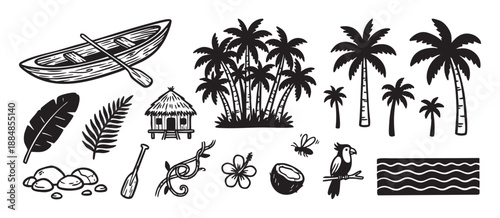 Collection of hand-drawn tropical icons featuring a canoe, palm trees, a tiki hut, and exotic plants in a black and white woodcut style illustration set for design elements