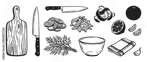 Set of hand-drawn cooking ingredients and kitchen utensils in a black and white woodcut style, including a cutting board, knives, fennel, orange, dill, onion, and garlic for a recipe