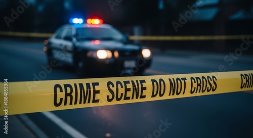 Yellow Crime Scene Tape Stretches Across a Dark Street, with the Blurred Lights of an Emergency Police Vehicle Visible in the Background, Marking an Active Investigation Area