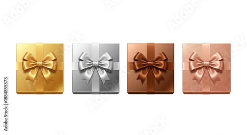 A horizontal row of four stylized flat vector gift boxes in metallic gold, silver, bronze, and rose gold with satin bows, isolated on a stark white background with copy space. concept for luxury