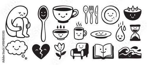Set of hand-drawn kawaii character icons showing various emotions from sadness to happiness through everyday objects like food, books, and furniture in a minimalist monochrome style
