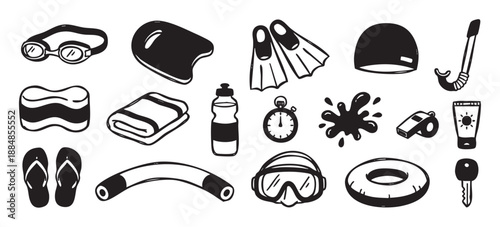 Collection of black swimming equipment icons in a hand-drawn doodle style showing goggles, flippers, a cap, and a snorkel for summer pool activities and sports training