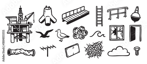 Collection of black and white hand-drawn icons depicting maritime and industrial objects like an oil rig, seagull, buoy, fishing net, and broken window in a simple graphic doodle style