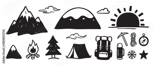 Set of hand-drawn camping and hiking icons in a black and white doodle style showing mountains, a tent, backpack, and campfire for outdoor adventure themes