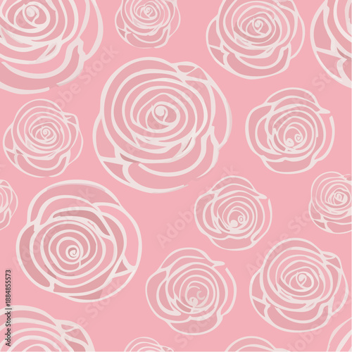 Vector seamless pattern with white roses contours on pink.