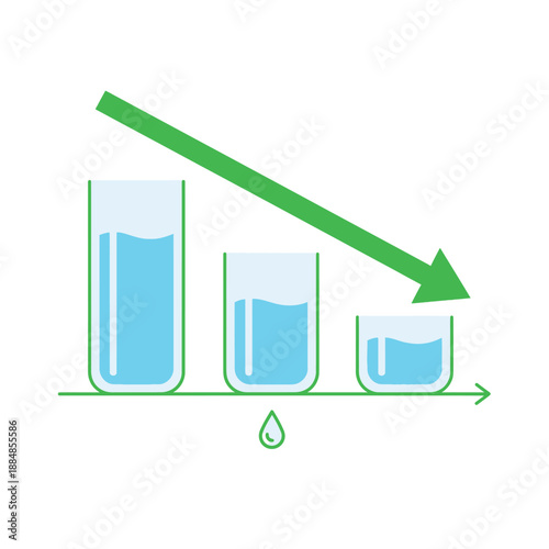 Water Scarcity Concept Chart. Bar graph illustration showing decreasing water levels in glasses with a downward green arrow, symbolizing resource depletion and drought crisis.