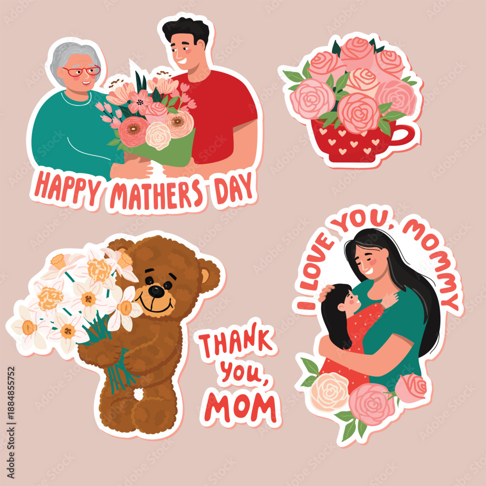 Fototapeta premium Mother's Day stickers pack with families, teddy bear, blooming spring flowers, hand-written messages, elderly mother, adult son, young female parent , little daughter. Vector cartoon illustrations.