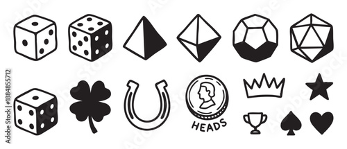 Collection of hand-drawn game and luck symbols includes various polyhedral dice, a four-leaf clover, a horseshoe, a coin, a crown, and a trophy in a simple black and white doodle style