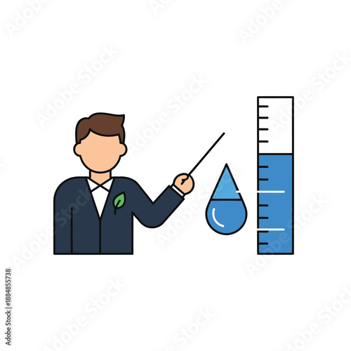 Water Conservation Education Icon. Expert Presenter Explaining Resource Management and Water Level Gauge. Sustainability Flat Vector Illustration.