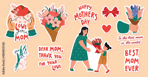 Mother's Day stickers pack with hand-written text, mom and little daughter, bouquets of spring flowers, hands holding a letter, bow, hearts. Vector cartoon illustrations isolated on beige background.