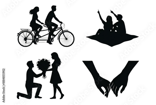 A set of black silhouette vector graphics depicting romantic relationships and love