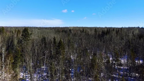 drone flying over snow covered forest