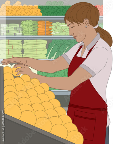people food, female grocery food handler placing oranges on display with assortment of produce on the shelf in the background
