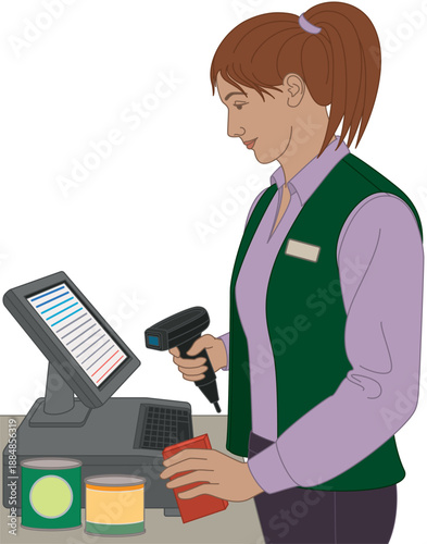 people food, female grocery cashier scanning food items using a laser scanner isolated on a white background