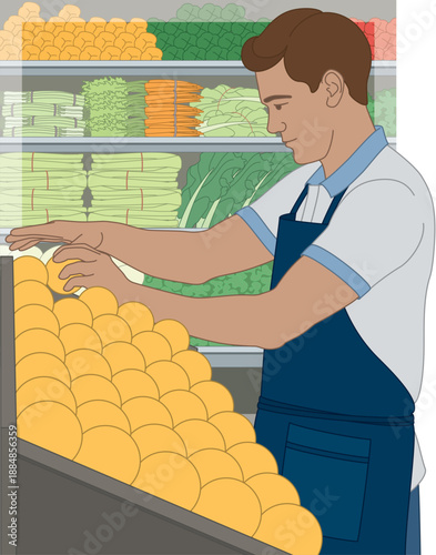 people food, male grocery food handler placing oranges on display with assortment of produce on the shelf in the background