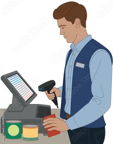 people food, male grocery cashier scanning food items using a laser scanner isolated on a white background