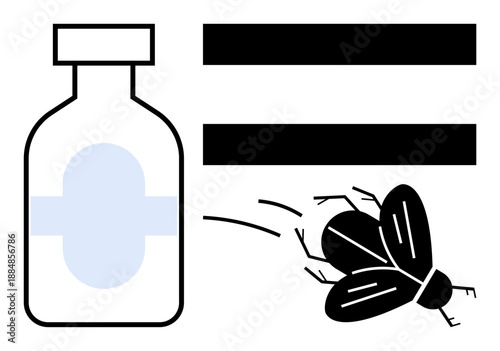Medicine bottle next to insect and two horizontal bars representing control. Ideal for pest control, hygiene, health safety, science, sanitation, disease prevention, household solutions. Simple flat