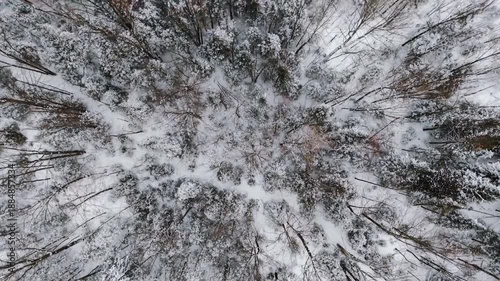 drone flying over snow covered forest