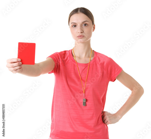 Foto Referee with red card on white background