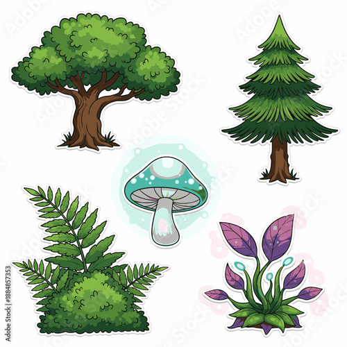 Collection of various green trees plants and a mushroom.