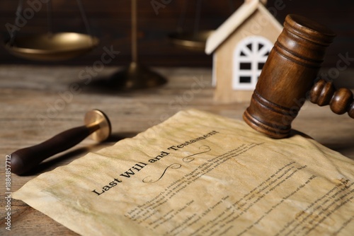 Картината върху платно Last Will and Testament, gavel, wax stamp, house model and scales on wooden tabl