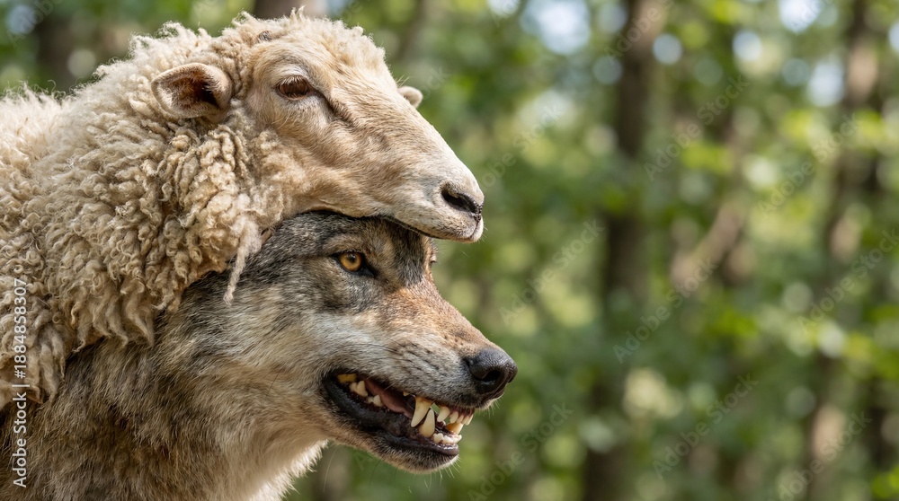 Fototapeta premium A surreal image of a wolf wearing sheep's skin. The wolf has its teeth bared, while a sheep sits atop its head.