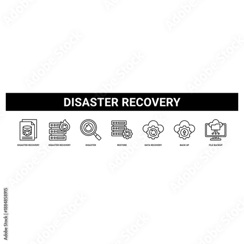 Disaster Recovery web banner icon set collection solid style.