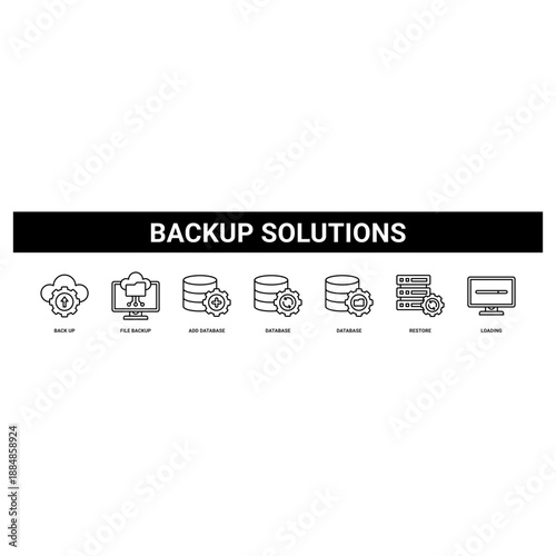 Backup Solutions web banner icon set collection solid style.