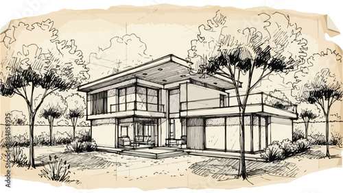 Contemporary suburban house surrounded by trees sketch