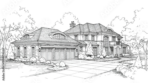 Large suburban luxury estate with driveway sketch
