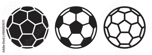 Three black and white flat icons representing soccer balls in various styles