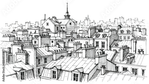 European old town rooftops and chimneys sketch