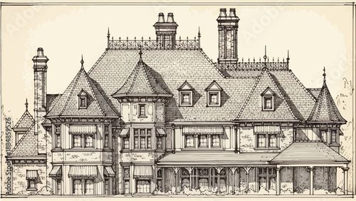 Grand gothic manor house with ornate detail sketch