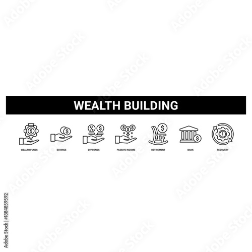 Wealth Building web banner icon set collection solid style.