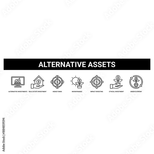 Alternative Assets web banner icon set collection solid style.