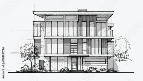 Modern multi-story office building facade sketch