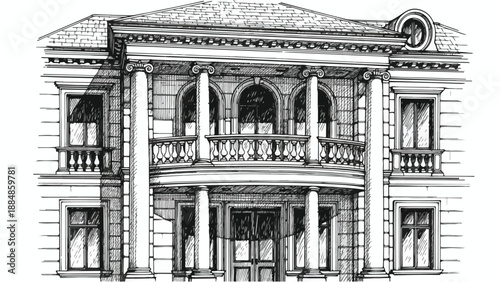 Classical building portico with ornate columns sketch