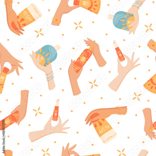 Seamless flat sunscreen bottle pattern background. Tube, lotion, cream, sunblock, container shapes in summer motif. SPF hold concept, sun protection care product, cosmetic set, repeat texture for
