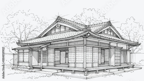 Traditional japanese house with tiled roof sketch