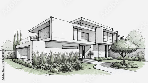 Modern luxury villa with garden landscaping sketch