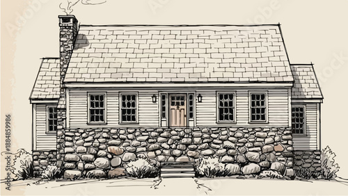 Classic american farmhouse with stone base sketch