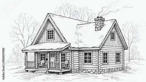 Rustic log cabin with front porch forest sketch