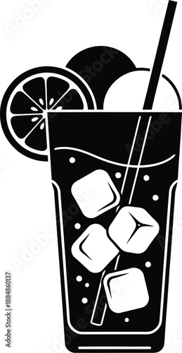 Refreshing summer drink with ice and lemon perfect for design on transparent background silhouette