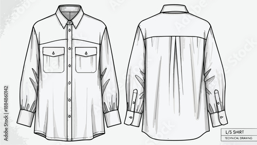 Button down long sleeve shirt technical sketch
