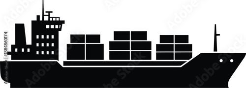 Detailed cargo ship graphic illustration in black perfect for designs on transparent background silhouette