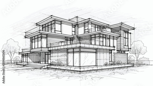 Three story modern apartment building architectural sketch