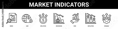 Market Indicators web banner icon set collection solid style.