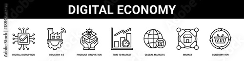 Digital Economy web banner icon set collection solid style.